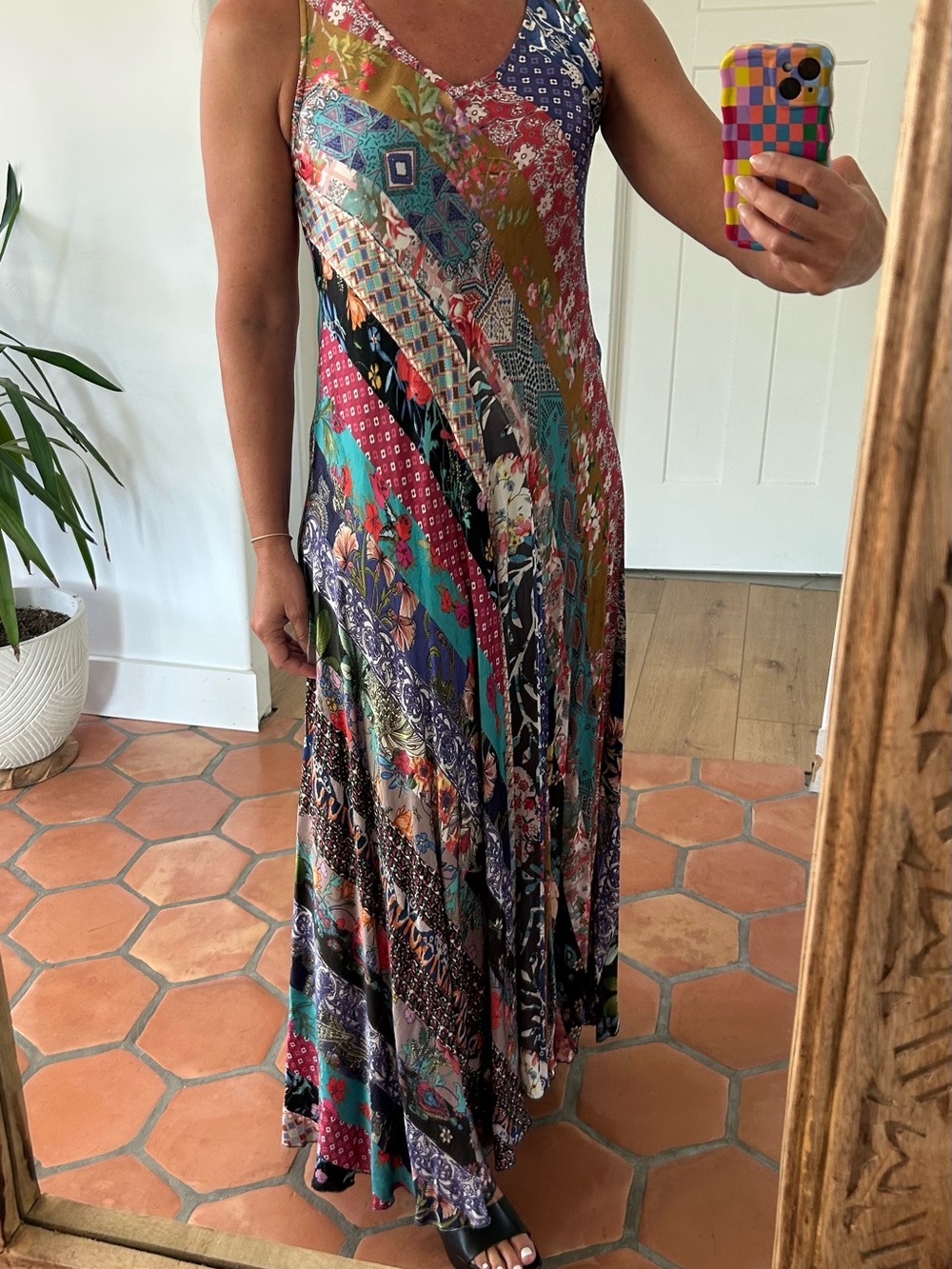 Johnny Was Multi-Pattern Spaghetti Strap Maxi Dress - Teal, Red, Purple